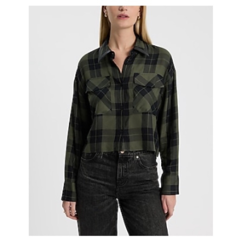 Express Dark Green and Black Plaid Shirt Leather on Collar
